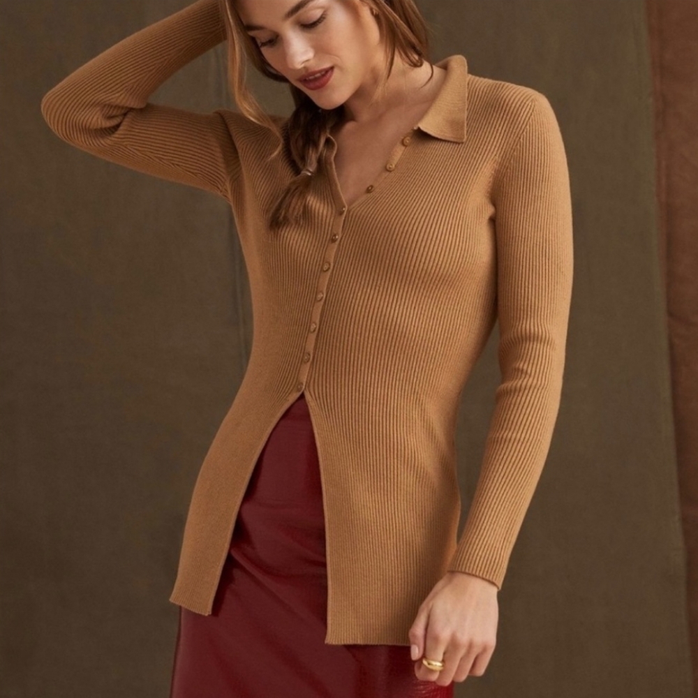 Anthropologie Maeve Tan Ribbed‎ Knit Sweater/ Cardigan